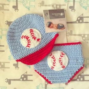Baseball themed hat and diaper cover set
